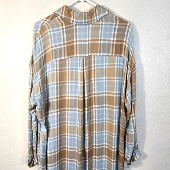 Show Me Your MUMU Leo Tunic Duster Women's S Blue Tan Plaid Button Up READ - Picture 6 of 12